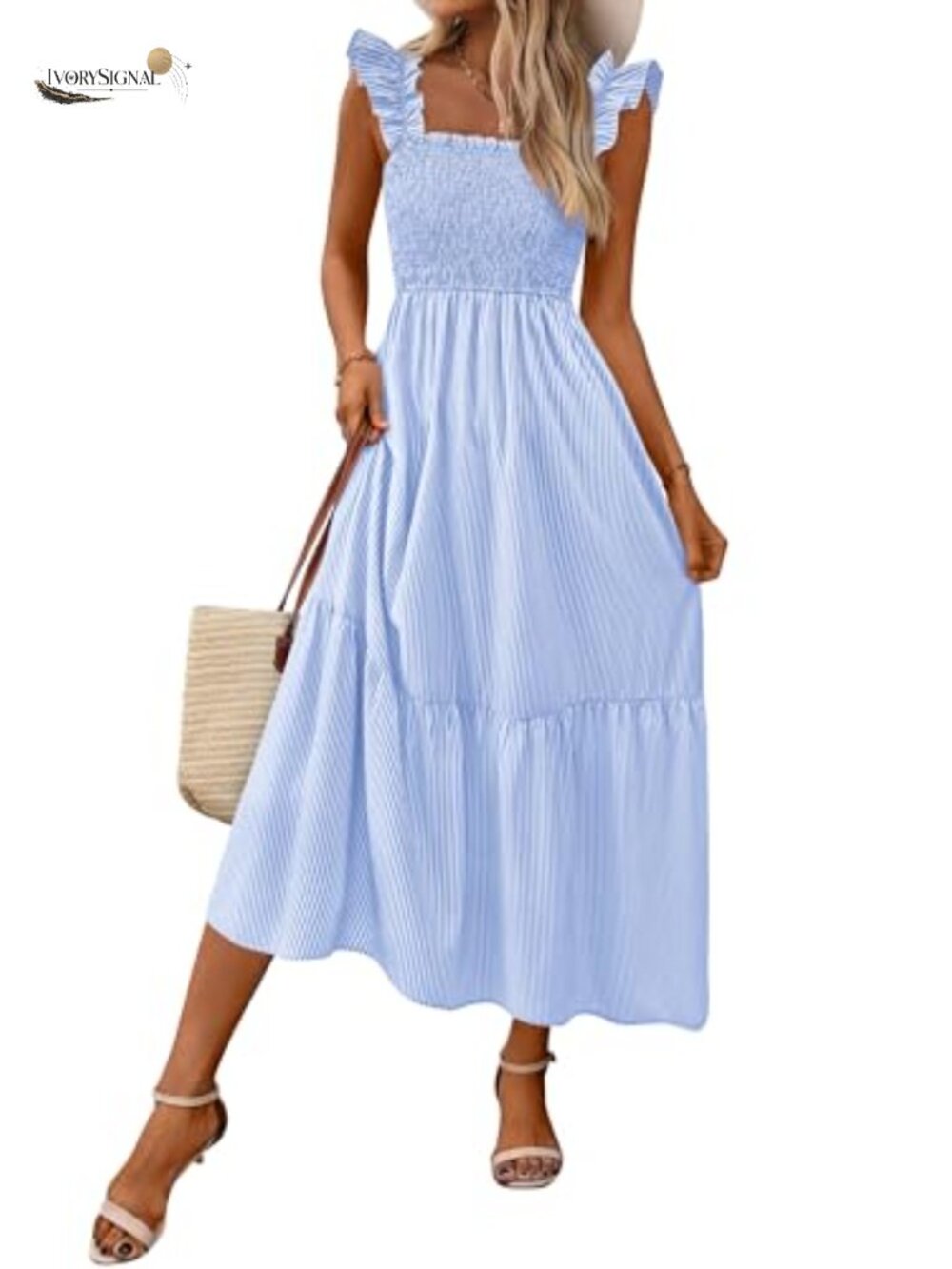 Women's Summer Ruffle Strap Gingham Midi Sundress Casual A-Line Tiered Pockets